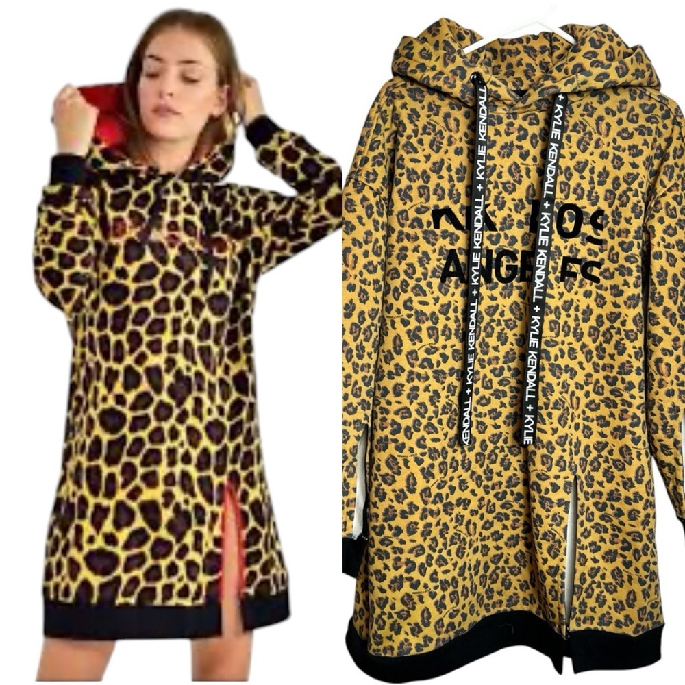 Kendall & Kylie Gold Black Leopard Print oversized Open Cuff Hoodie Dress Size S